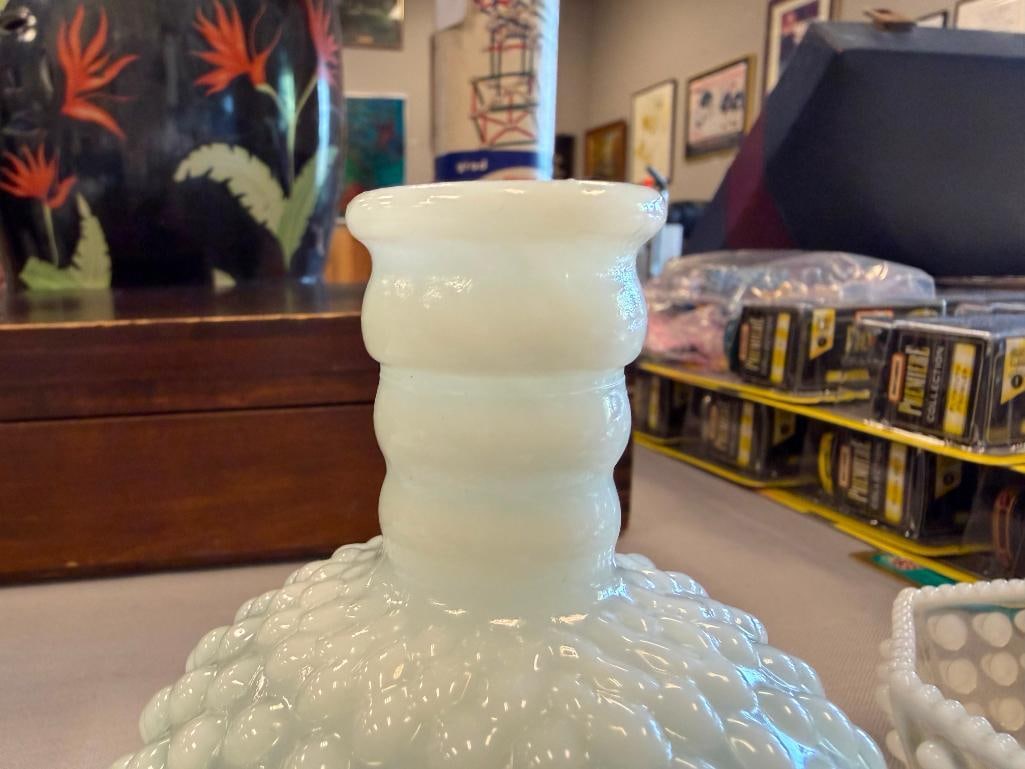FENTON OPALESCENT HOBNAIL GLASS MOONSTONE CIGARETTE BOXES, OCTAGON SHAPE BOWL AND BOTTLE - 12