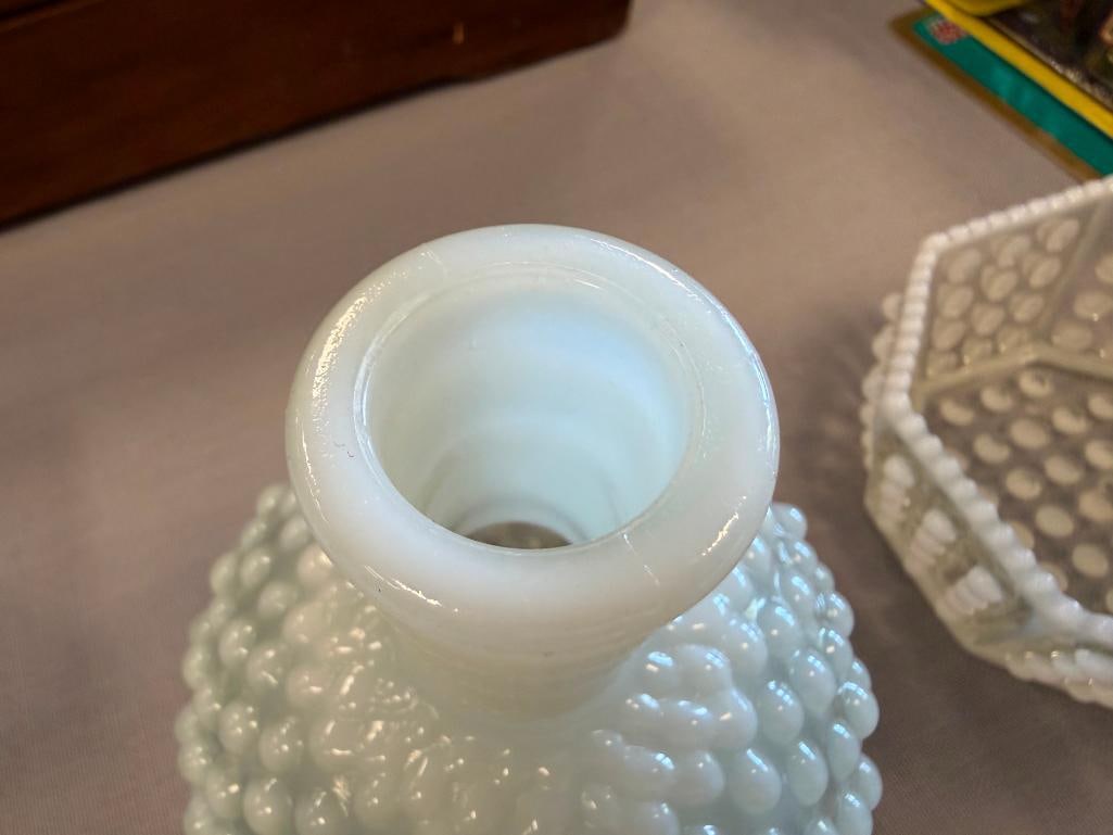 FENTON OPALESCENT HOBNAIL GLASS MOONSTONE CIGARETTE BOXES, OCTAGON SHAPE BOWL AND BOTTLE - 13