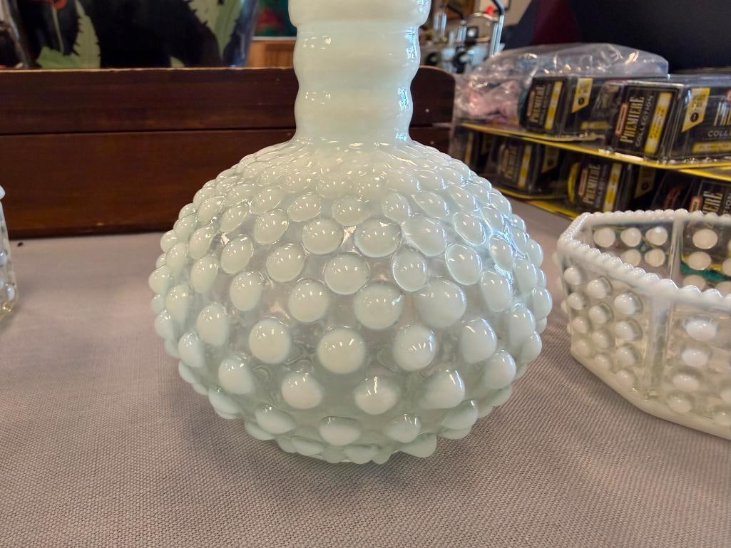 FENTON OPALESCENT HOBNAIL GLASS MOONSTONE CIGARETTE BOXES, OCTAGON SHAPE BOWL AND BOTTLE - 14