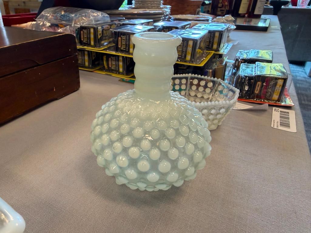 FENTON OPALESCENT HOBNAIL GLASS MOONSTONE CIGARETTE BOXES, OCTAGON SHAPE BOWL AND BOTTLE - 15