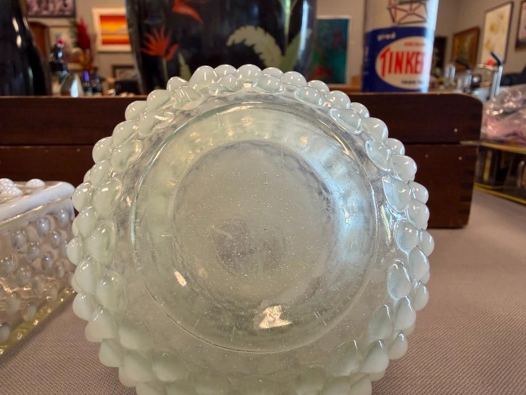 FENTON OPALESCENT HOBNAIL GLASS MOONSTONE CIGARETTE BOXES, OCTAGON SHAPE BOWL AND BOTTLE - 16
