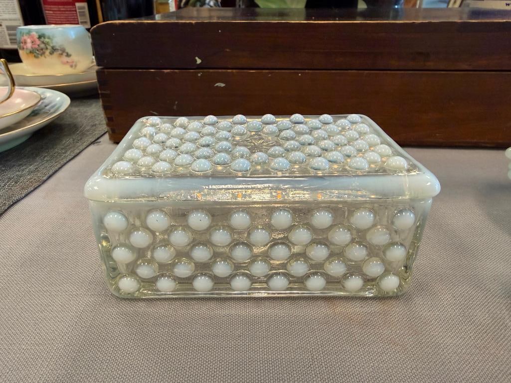 FENTON OPALESCENT HOBNAIL GLASS MOONSTONE CIGARETTE BOXES, OCTAGON SHAPE BOWL AND BOTTLE - 17