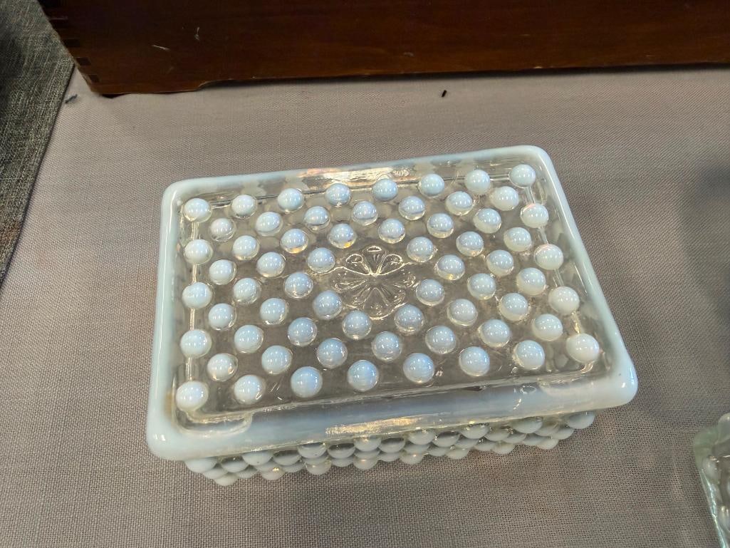 FENTON OPALESCENT HOBNAIL GLASS MOONSTONE CIGARETTE BOXES, OCTAGON SHAPE BOWL AND BOTTLE - 18