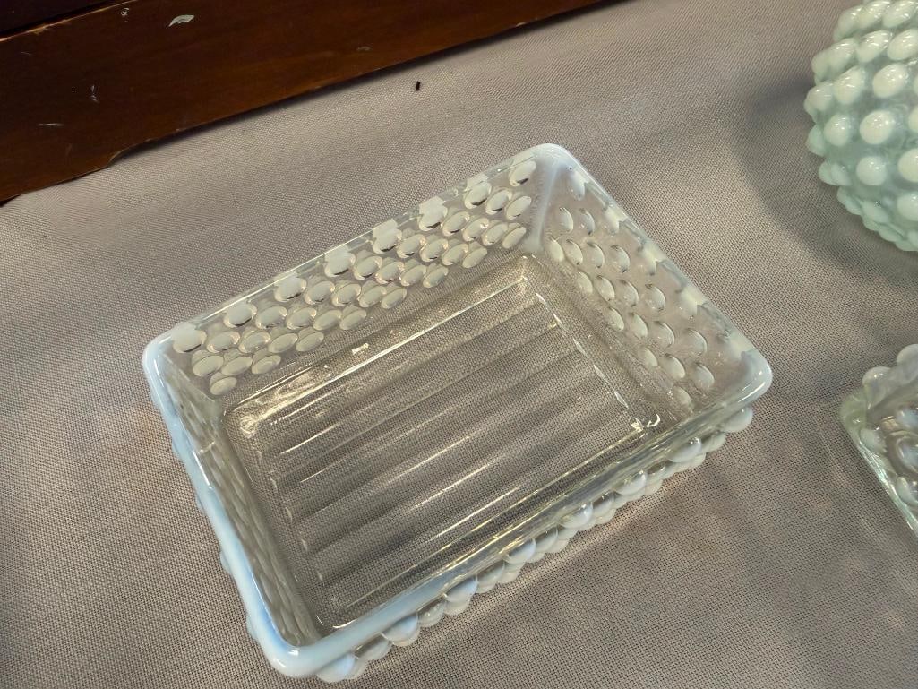 FENTON OPALESCENT HOBNAIL GLASS MOONSTONE CIGARETTE BOXES, OCTAGON SHAPE BOWL AND BOTTLE - 19