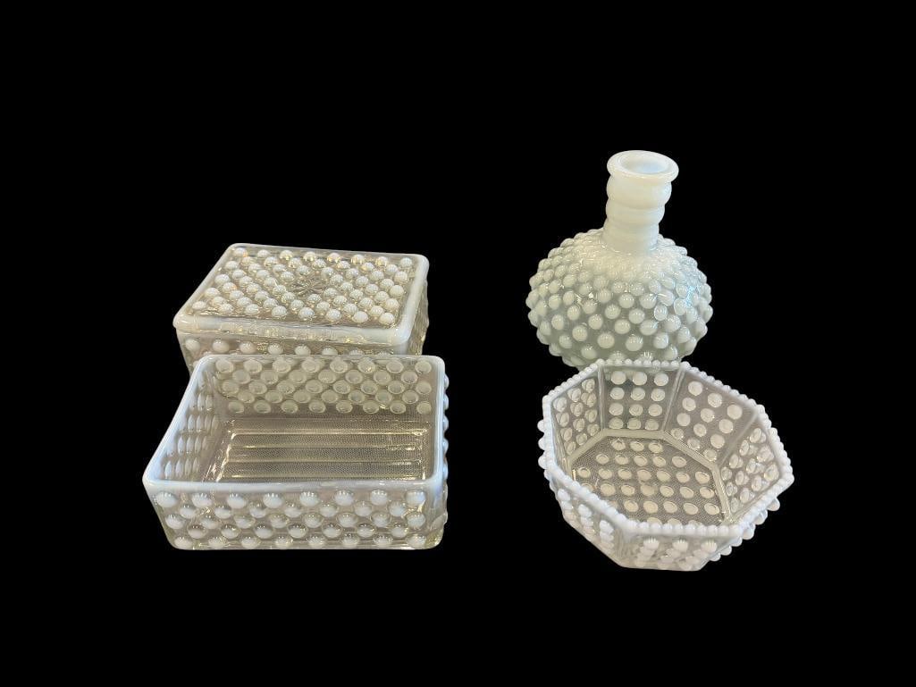 FENTON OPALESCENT HOBNAIL GLASS MOONSTONE CIGARETTE BOXES, OCTAGON SHAPE BOWL AND BOTTLE: FOUR PIECES TOTAL, ONE BOX IS MISSING ITS LID 4" UP TO 5" H