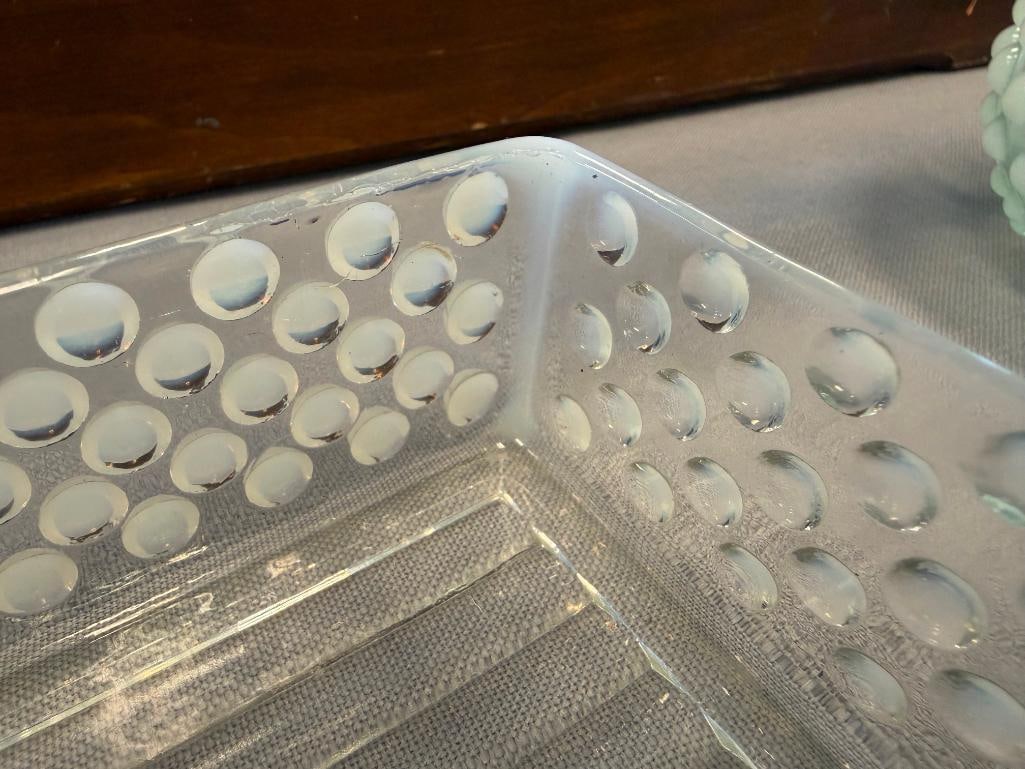 FENTON OPALESCENT HOBNAIL GLASS MOONSTONE CIGARETTE BOXES, OCTAGON SHAPE BOWL AND BOTTLE - 20