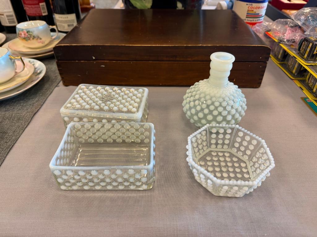 FENTON OPALESCENT HOBNAIL GLASS MOONSTONE CIGARETTE BOXES, OCTAGON SHAPE BOWL AND BOTTLE - 2
