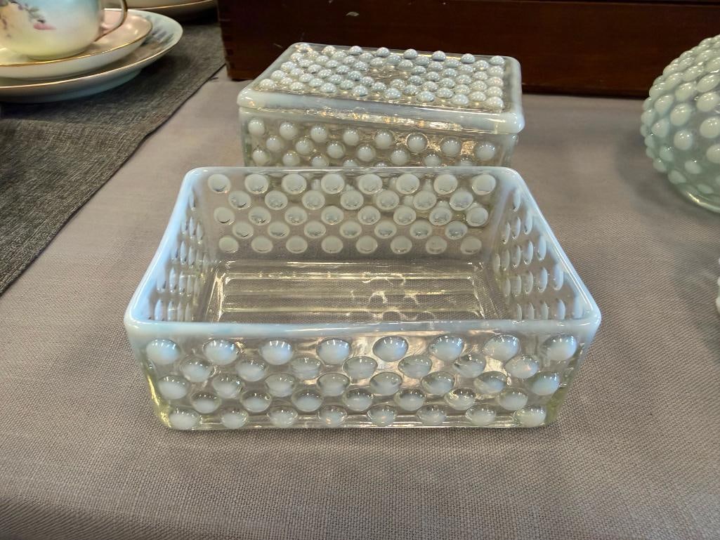 FENTON OPALESCENT HOBNAIL GLASS MOONSTONE CIGARETTE BOXES, OCTAGON SHAPE BOWL AND BOTTLE - 3