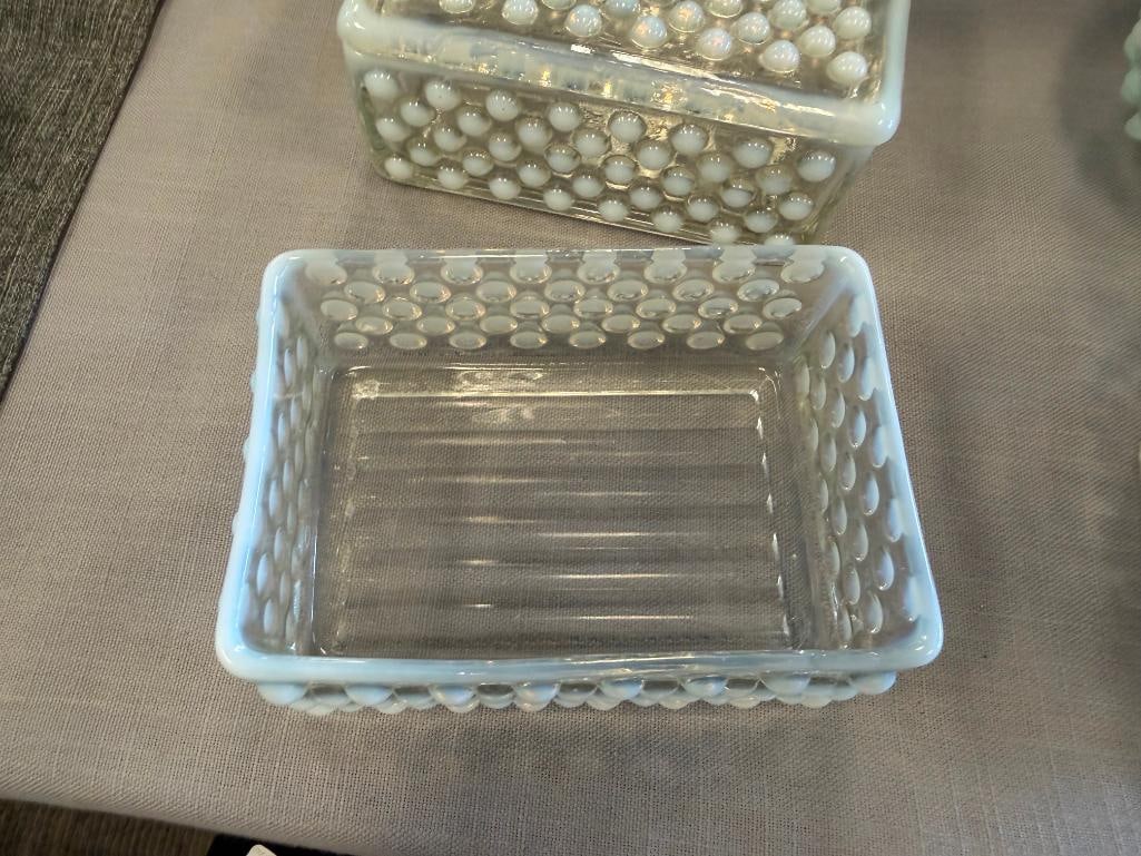 FENTON OPALESCENT HOBNAIL GLASS MOONSTONE CIGARETTE BOXES, OCTAGON SHAPE BOWL AND BOTTLE - 4