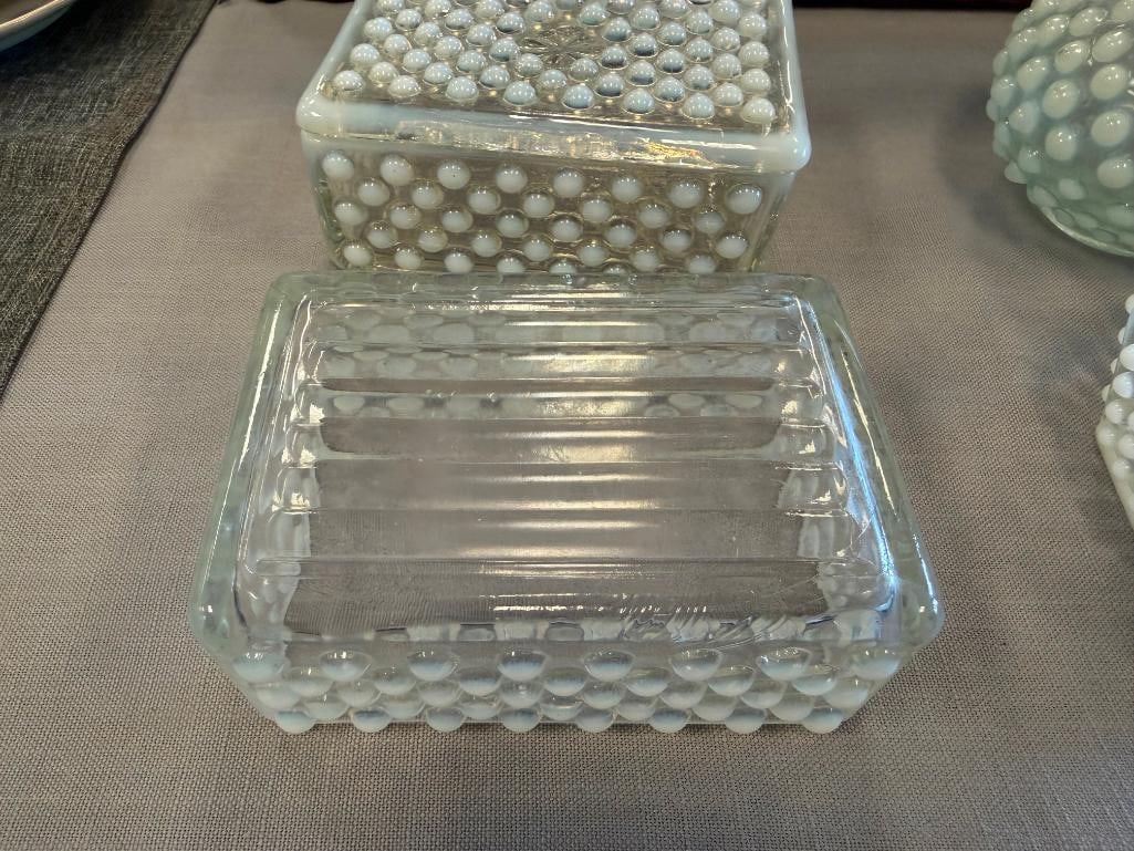 FENTON OPALESCENT HOBNAIL GLASS MOONSTONE CIGARETTE BOXES, OCTAGON SHAPE BOWL AND BOTTLE - 5
