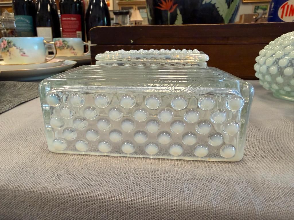 FENTON OPALESCENT HOBNAIL GLASS MOONSTONE CIGARETTE BOXES, OCTAGON SHAPE BOWL AND BOTTLE - 6