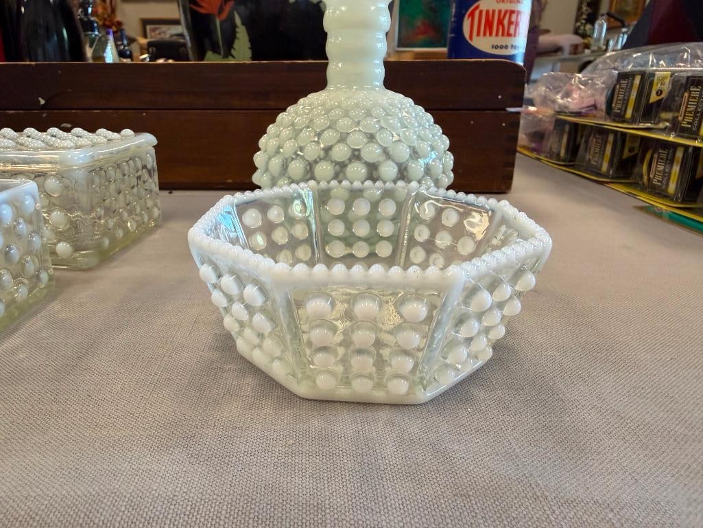 FENTON OPALESCENT HOBNAIL GLASS MOONSTONE CIGARETTE BOXES, OCTAGON SHAPE BOWL AND BOTTLE - 7