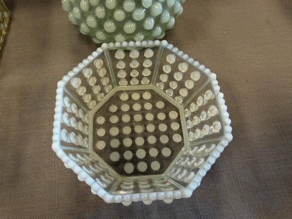 FENTON OPALESCENT HOBNAIL GLASS MOONSTONE CIGARETTE BOXES, OCTAGON SHAPE BOWL AND BOTTLE - 8
