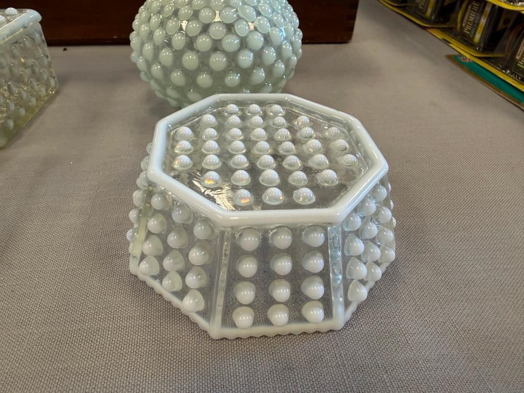 FENTON OPALESCENT HOBNAIL GLASS MOONSTONE CIGARETTE BOXES, OCTAGON SHAPE BOWL AND BOTTLE - 9