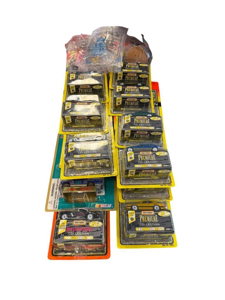 1990'S MATCHBOX HOT AUGUST NIGHTS AND PREMIERE COLLECTION 1/64 DIE-CAST TOY COLLECTOR CARS: ALL ARE FACTORY SEALED, INCLUDES RACING CHAMPIONS RACE TRUCK AND THREE BARBIE MC DONALDS HAPPY MEAL TOYS, ALL NEW NEW IN THE PACKAGE