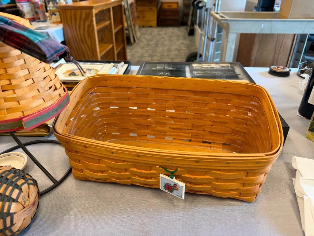 LONGABERGER HAND WOVEN MAPLE BELL WITH METAL STAND, HANGING BASKET AND RECTANGULAR BASKET - 12