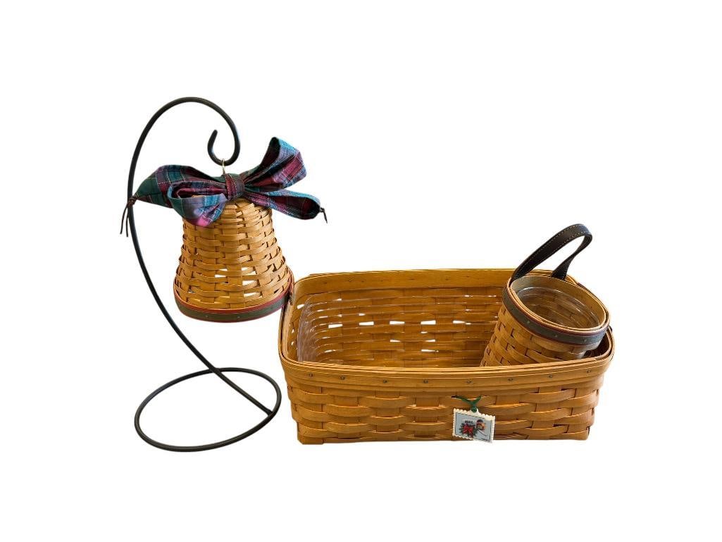 LONGABERGER HAND WOVEN MAPLE BELL WITH METAL STAND, HANGING BASKET AND RECTANGULAR BASKET: ALL BASKETS ARE SIGNED AND DATED, TWO INCLUDED PLASTIC LINER, LARGER BASKET INCLUDES MAIL CHARM 5" UP TO 14" L