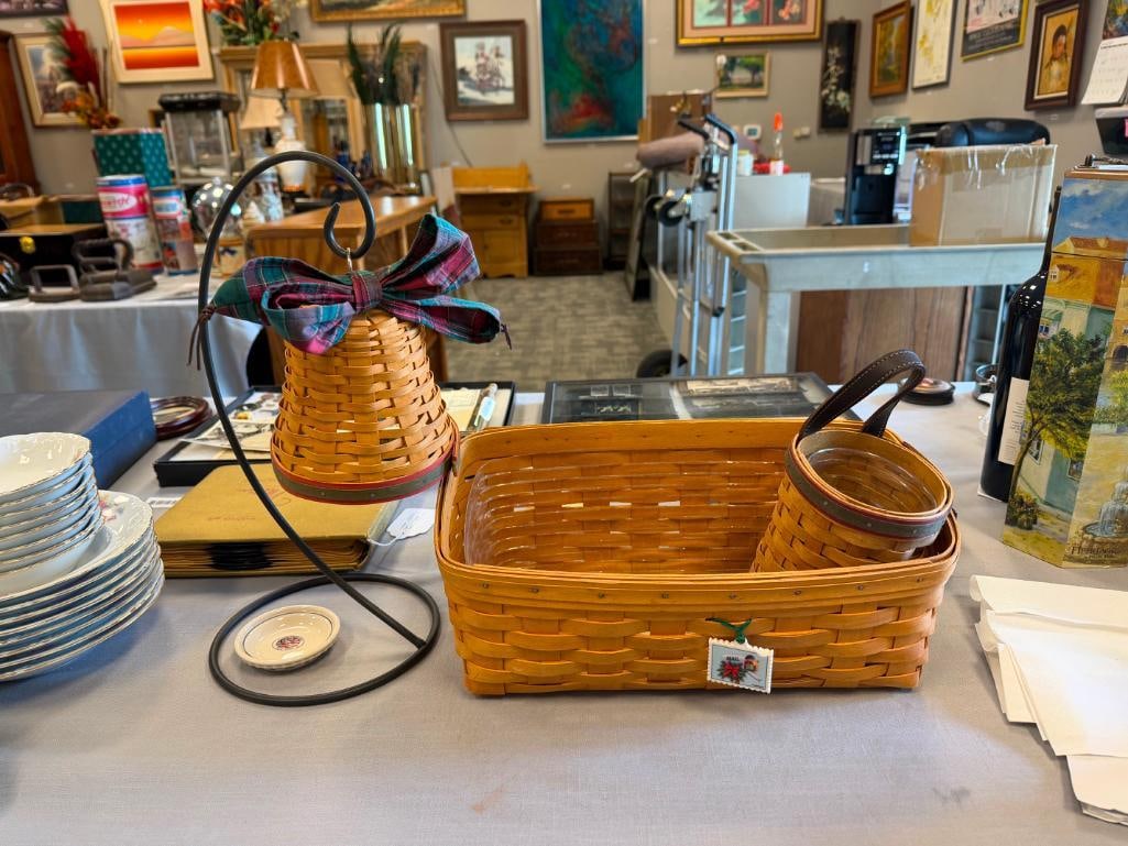 LONGABERGER HAND WOVEN MAPLE BELL WITH METAL STAND, HANGING BASKET AND RECTANGULAR BASKET - 2