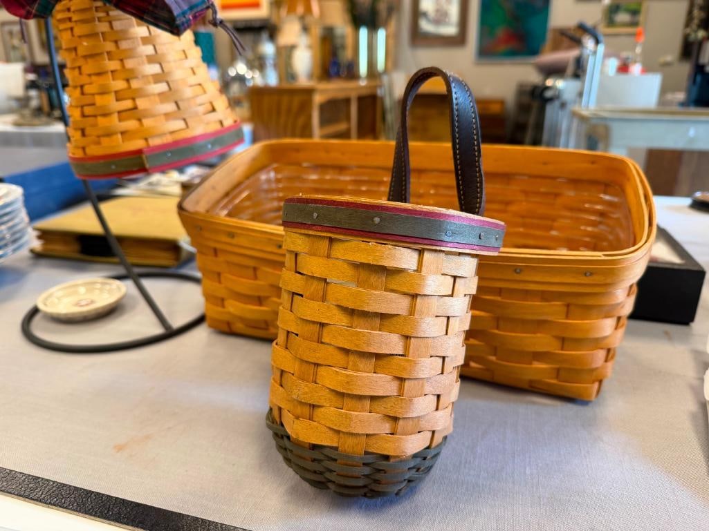 LONGABERGER HAND WOVEN MAPLE BELL WITH METAL STAND, HANGING BASKET AND RECTANGULAR BASKET - 8