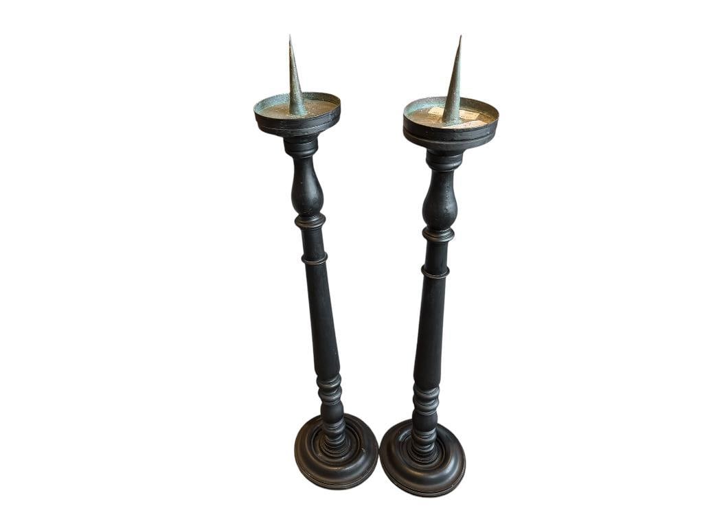 PAIR OF BLACK FINISHED FLOOR PRICKET CANDLE HOLDERS CLASSIC TURNED DESIGN: 33" H