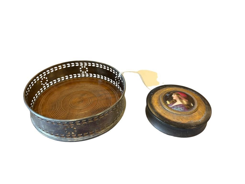 REPLICA GEORGE WASAHINGTON WINE BOTTLE COASTER AND ANTIQUE TURTLE SHELL PORTRAIT TRINKET BOX: ANTIQUE TURTLE SHELL TRINKET BOX WITH HAND PAINTED PORTRAIT OF UNA GITANA A GYPSY, SURROUNDED WITH GILT DECORATION, PORTRAIT IS IN GOOD CONDITION, BOX HAS BEEN PREVIOUSLY REPAIRED, WASHINGTON COASTER 