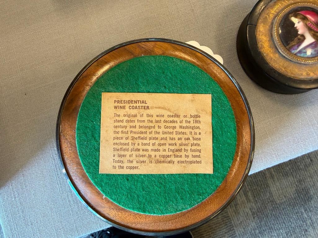 REPLICA GEORGE WASHINGTON WINE BOTTLE COASTER AND ANTIQUE TURTLE SHELL PORTRAIT TRINKET BOX - 7