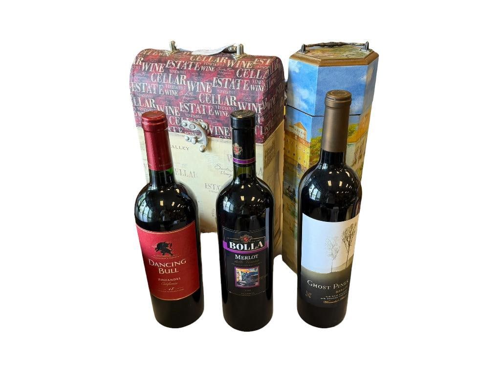 THREE SEALED BOTTLES OF WINE MERLOT AND ZINFANDEL 2008 DANCING BULL, 2006 GHOST PINES, 2003 BOLLA: INCLUDES SINGLE AND TWO BOTTLE WINE STORAGE CONTAINERS, EACH BOTTLES IS SEALED, WERE STORED PROPERLY, MUST BE 21+ TO BID AND PURCHASE ITEM, ID CHECK REQUIRED, NOT FOR RESALE, FOR CONSUMPTION ONLY