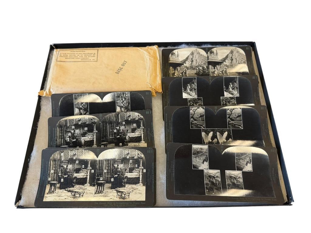 ANTIQUE KEYSTONE STEREO CARDS EYE COMFORT AND DEPTH-PERCEPTION SERIES 10 CARDS TOTAL: FOR THE DEVELOPMENT OF COMFORTABLE VISION AND A HIGH DEPTH PERCEPTION, CARDS ARE IN GOOD CONDITION WITH MINOR SCUFFS FROM USE / AGE 7" X 3 1/2" 
