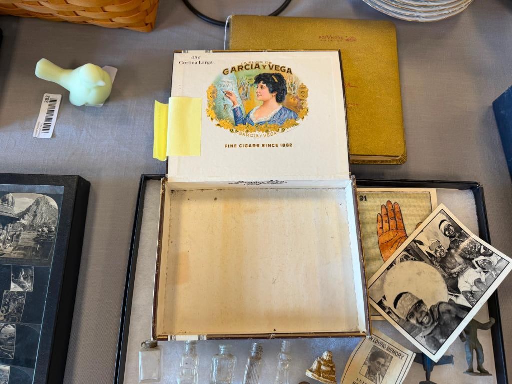 APOTHECARY BOTTLES, CIGAR BOX, POST CARD, NICKELS, WHEAT PENNIES, CHILDREN'S TOYS - 12