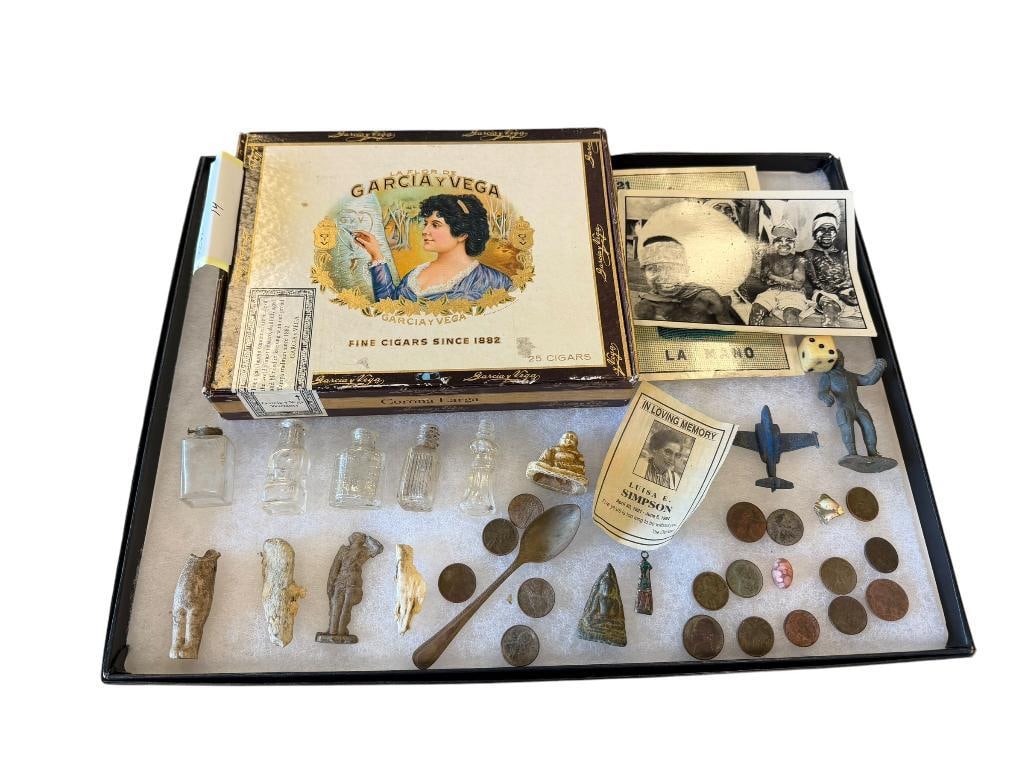 APOTHECARY BOTTLES, CIGAR BOX, POST CARD, NICKELS, WHEAT PENNIES, CHILDREN'S TOYS (1 of 15)