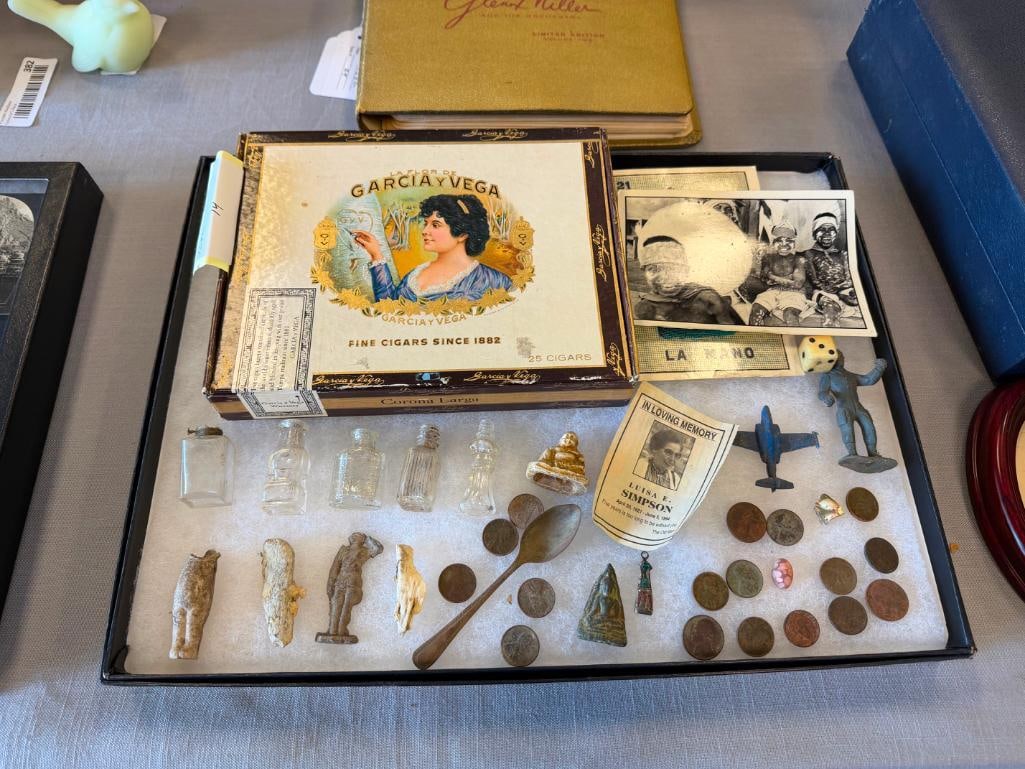 APOTHECARY BOTTLES, CIGAR BOX, POST CARD, NICKELS, WHEAT PENNIES, CHILDREN'S TOYS - 2