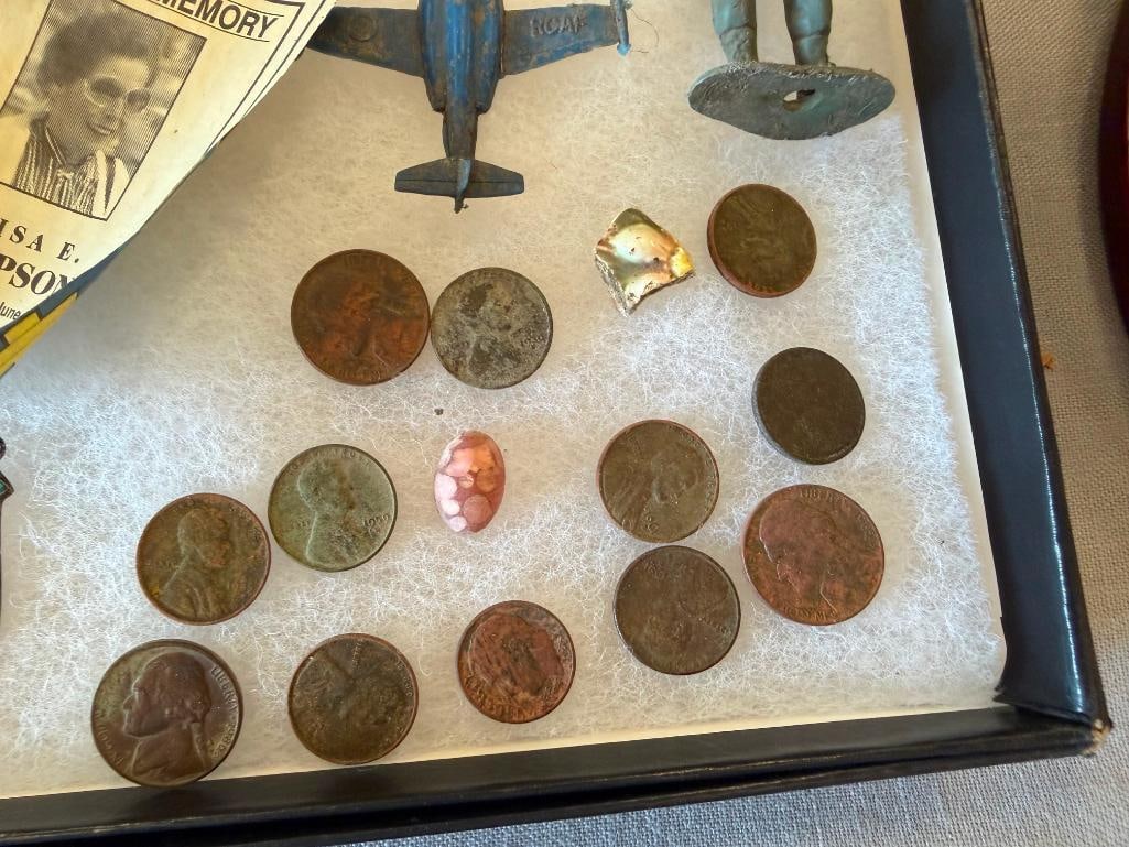 APOTHECARY BOTTLES, CIGAR BOX, POST CARD, NICKELS, WHEAT PENNIES, CHILDREN'S TOYS - 3