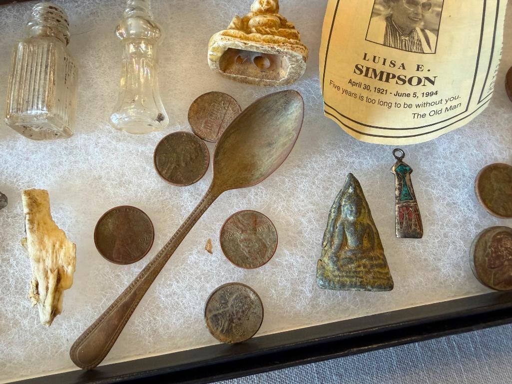 APOTHECARY BOTTLES, CIGAR BOX, POST CARD, NICKELS, WHEAT PENNIES, CHILDREN'S TOYS - 4