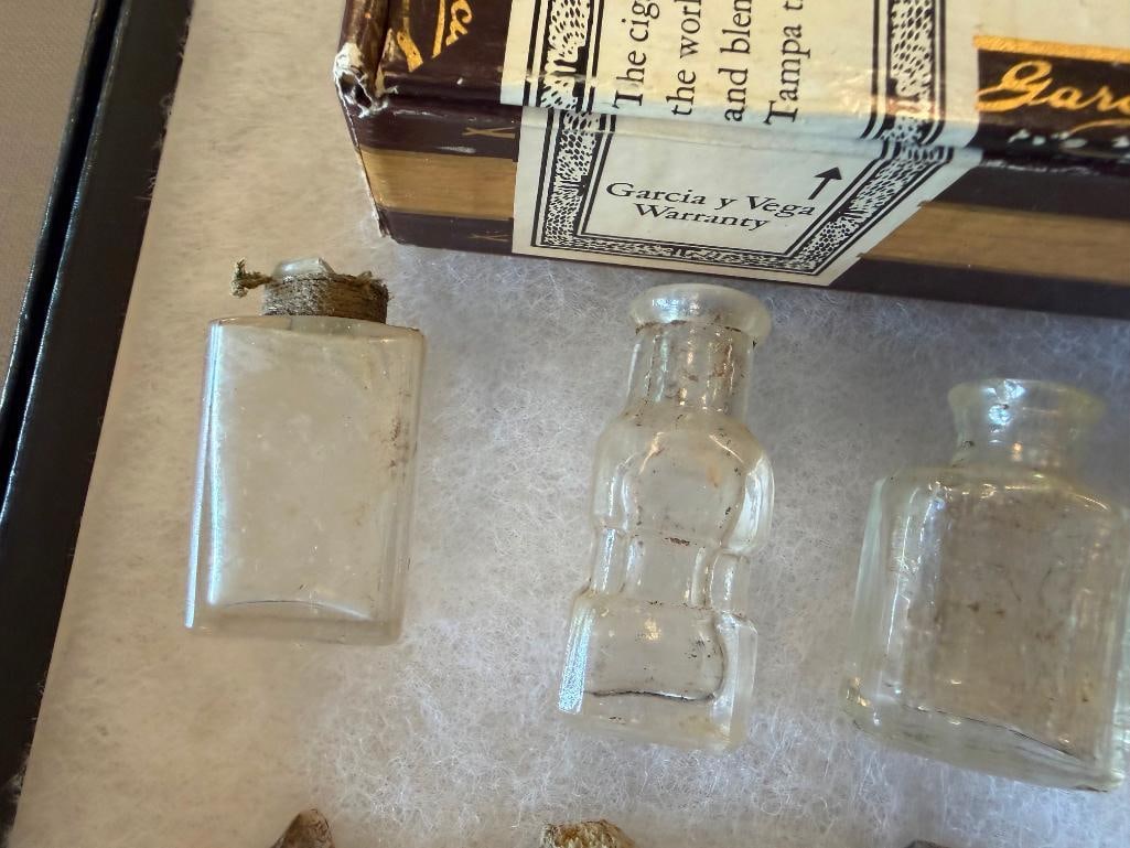 APOTHECARY BOTTLES, CIGAR BOX, POST CARD, NICKELS, WHEAT PENNIES, CHILDREN'S TOYS - 6