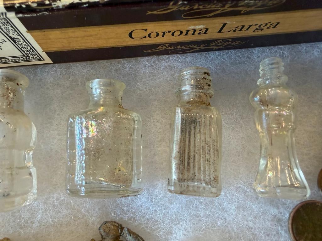 APOTHECARY BOTTLES, CIGAR BOX, POST CARD, NICKELS, WHEAT PENNIES, CHILDREN'S TOYS - 7
