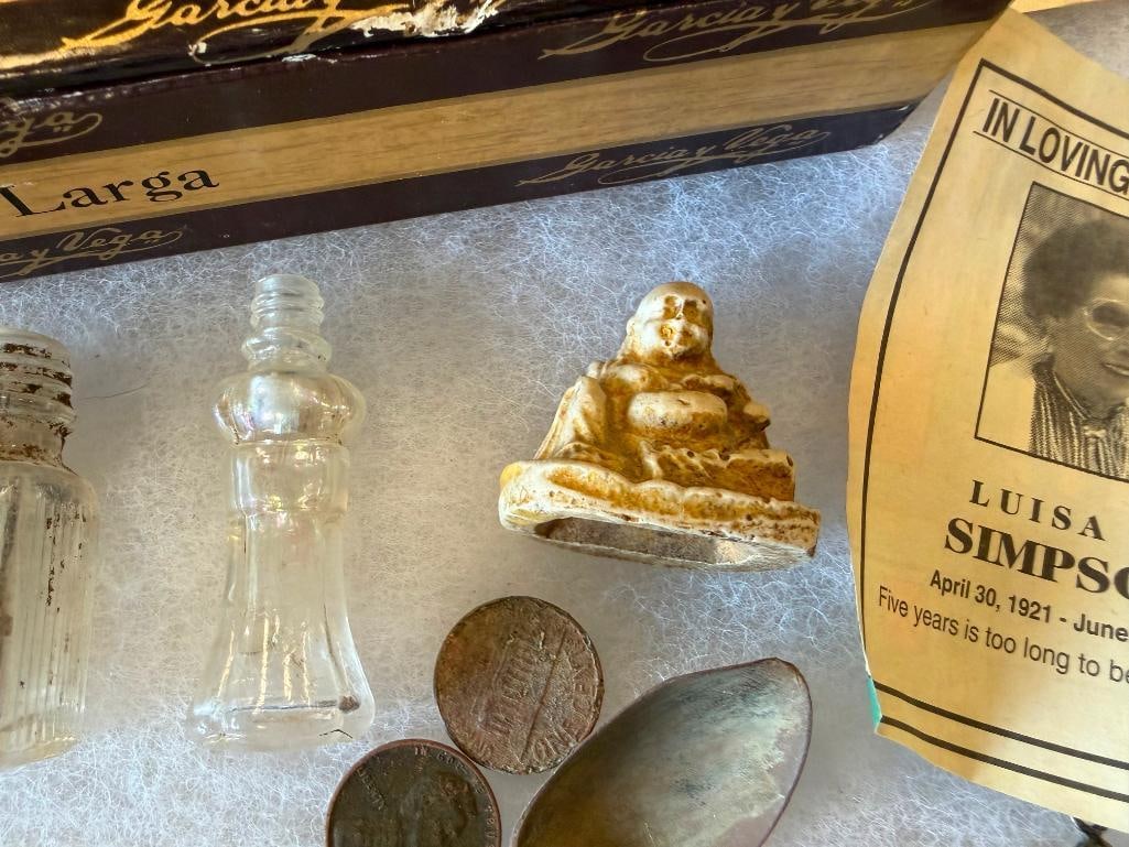 APOTHECARY BOTTLES, CIGAR BOX, POST CARD, NICKELS, WHEAT PENNIES, CHILDREN'S TOYS - 8