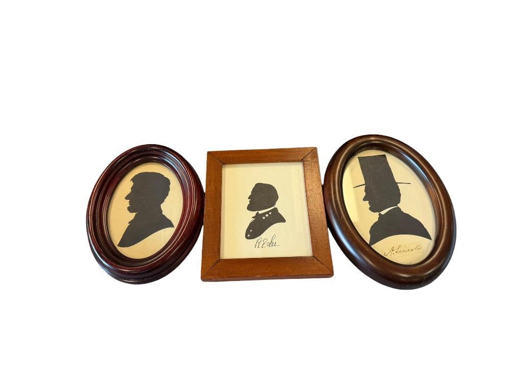 AMERICAN CUTWORK SILHOUETTES OF ABRAHAM LINCOLN AND ROBERT E. LEE BY THOMAS BUDNIK ALEXANDRIA, VA.: EACH SILHOUETTE IS MARKED ON THE BACK AND SIGNED BY THE CRAFTSMAN / ARTIST, DATED 1990 AND 1991, FRAMED 4 1/2" X 6", 5" X 6", AND 5" X 7" FRAMES