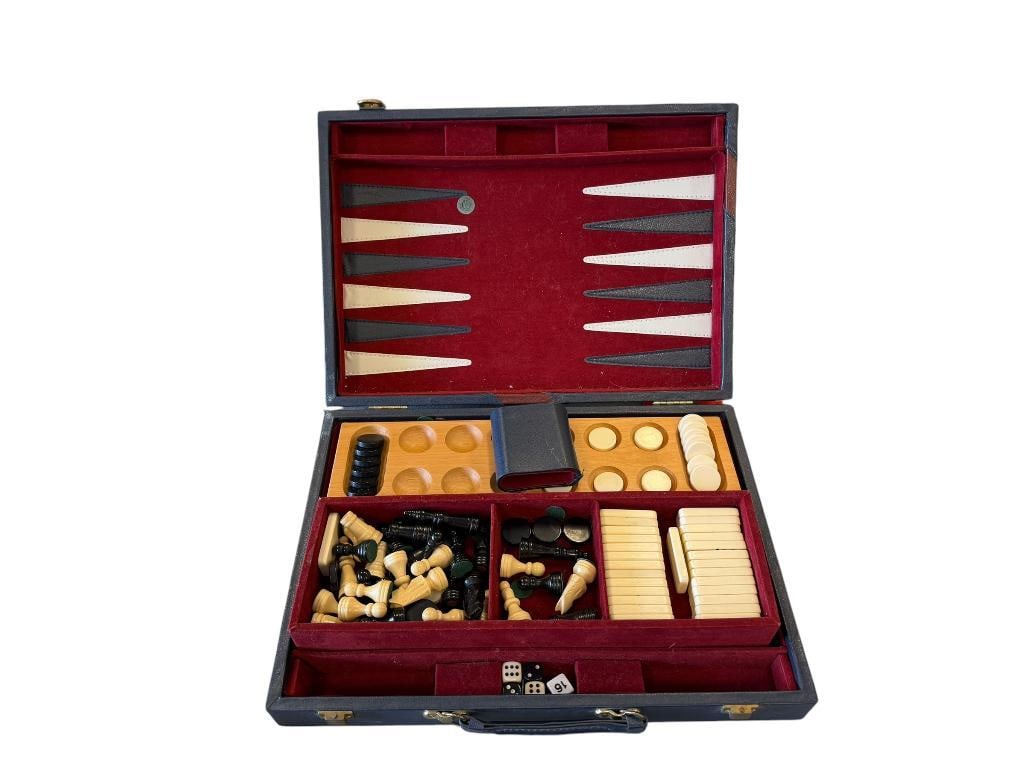 5-IN-1 TRAVEL GAME SET WITH BACKGAMMON, CHESS, DOMINOS, CHECKERS, MANCALA: VINTAGE GAME SET, APPEARS COMPLETE WITH GAME PIECES