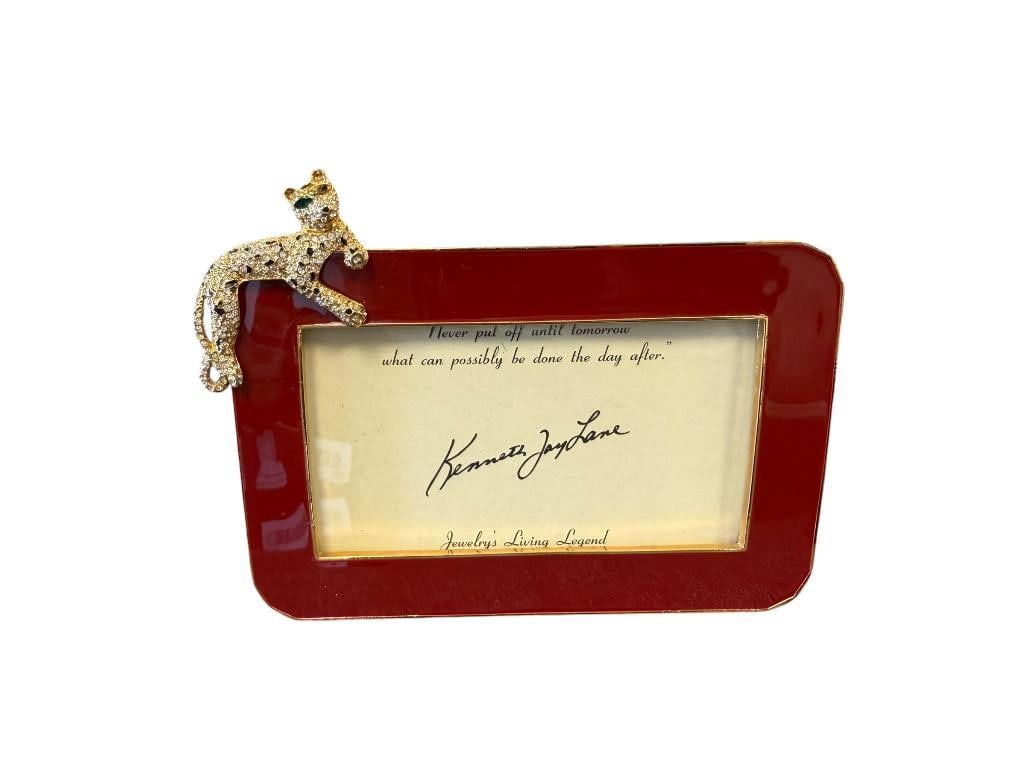 KENNETH JAY LAE FANCY RED ENAMELED AND BEJEWELED PICTURE FRAME WITH LEOPARD ACCENT: JAGUAR IS MISSING ONE GREEN JEWEL 6" X 4" FRAME