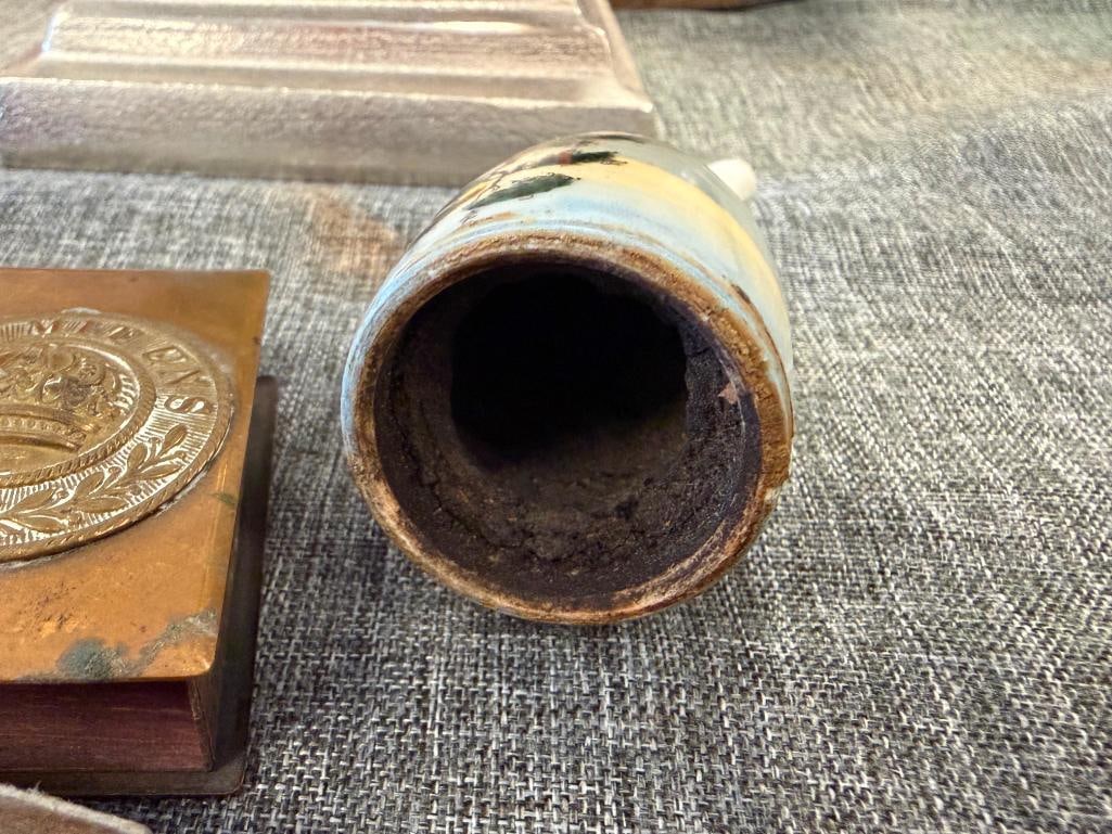 VINTAGE VELVET TOBACCO TIN, IMPERIAL GERMAN WWI BRASS MATCHBOX HOLDER, GERMAN HUNTERS PIPE BOWL - 12