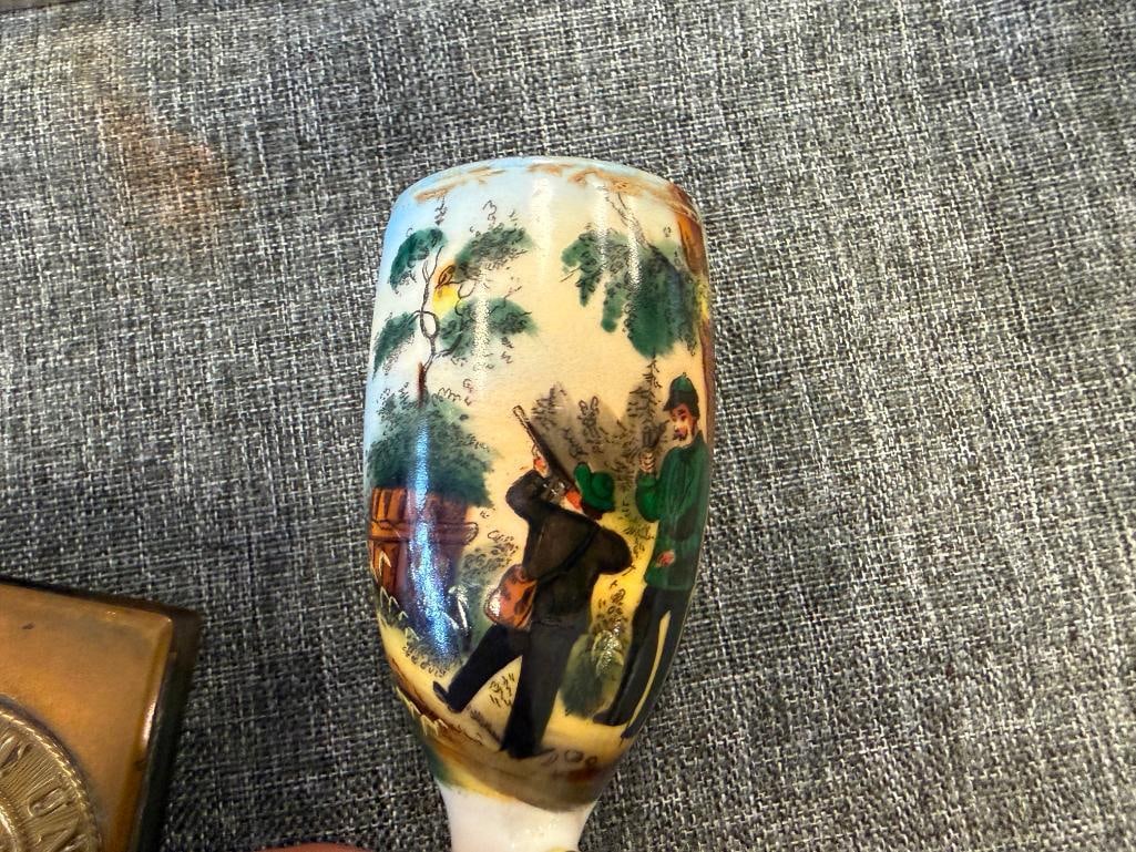 VINTAGE VELVET TOBACCO TIN, IMPERIAL GERMAN WWI BRASS MATCHBOX HOLDER, GERMAN HUNTERS PIPE BOWL - 14