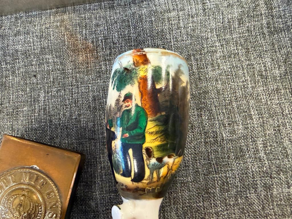 VINTAGE VELVET TOBACCO TIN, IMPERIAL GERMAN WWI BRASS MATCHBOX HOLDER, GERMAN HUNTERS PIPE BOWL - 15