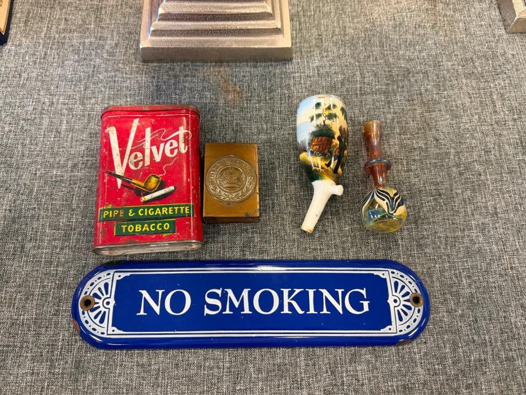 VINTAGE VELVET TOBACCO TIN, IMPERIAL GERMAN WWI BRASS MATCHBOX HOLDER, GERMAN HUNTERS PIPE BOWL - 2