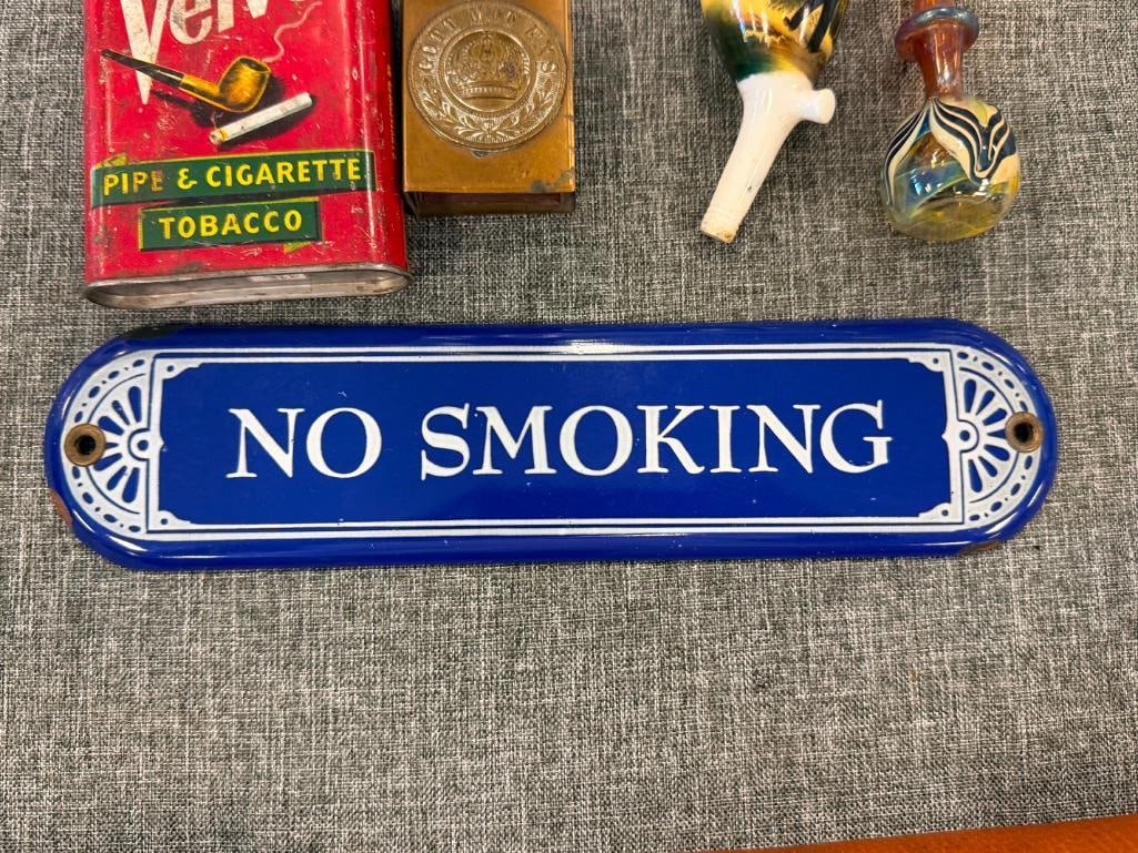 VINTAGE VELVET TOBACCO TIN, IMPERIAL GERMAN WWI BRASS MATCHBOX HOLDER, GERMAN HUNTERS PIPE BOWL - 3