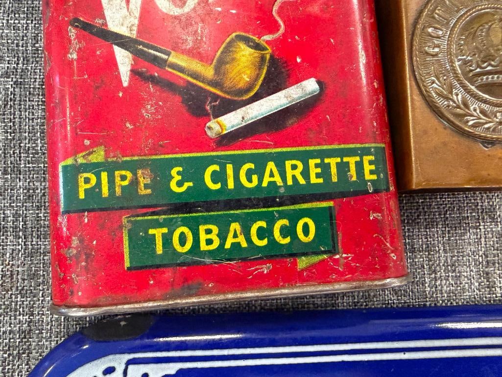 VINTAGE VELVET TOBACCO TIN, IMPERIAL GERMAN WWI BRASS MATCHBOX HOLDER, GERMAN HUNTERS PIPE BOWL - 5