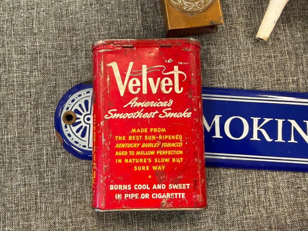 VINTAGE VELVET TOBACCO TIN, IMPERIAL GERMAN WWI BRASS MATCHBOX HOLDER, GERMAN HUNTERS PIPE BOWL - 6