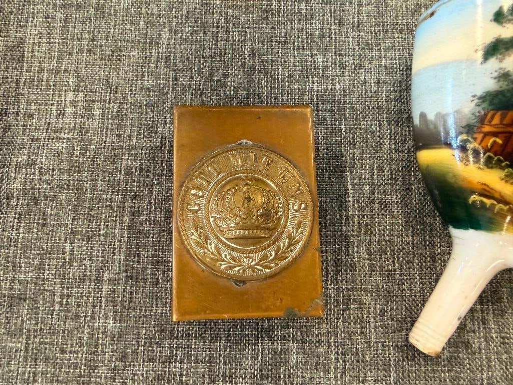 VINTAGE VELVET TOBACCO TIN, IMPERIAL GERMAN WWI BRASS MATCHBOX HOLDER, GERMAN HUNTERS PIPE BOWL - 7
