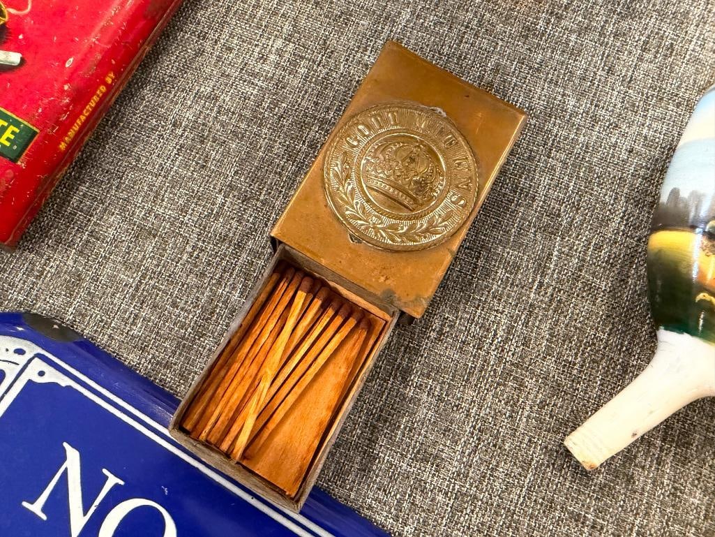 VINTAGE VELVET TOBACCO TIN, IMPERIAL GERMAN WWI BRASS MATCHBOX HOLDER, GERMAN HUNTERS PIPE BOWL - 8