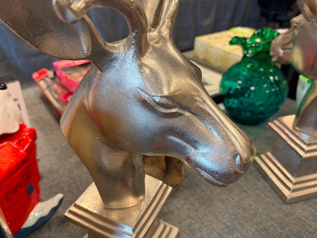 PAIR OF STRIKING SILVER-FINISHED METAL HEAD BUST DEER SCULPTURES FROM PIER-1 - 13