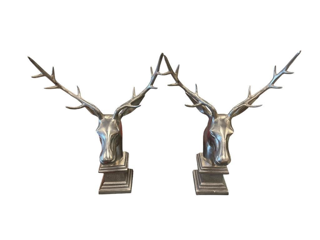 PAIR OF STRIKING SILVER-FINISHED METAL HEAD BUST DEER SCULPTURES FROM PIER-1 (1 of 13)
